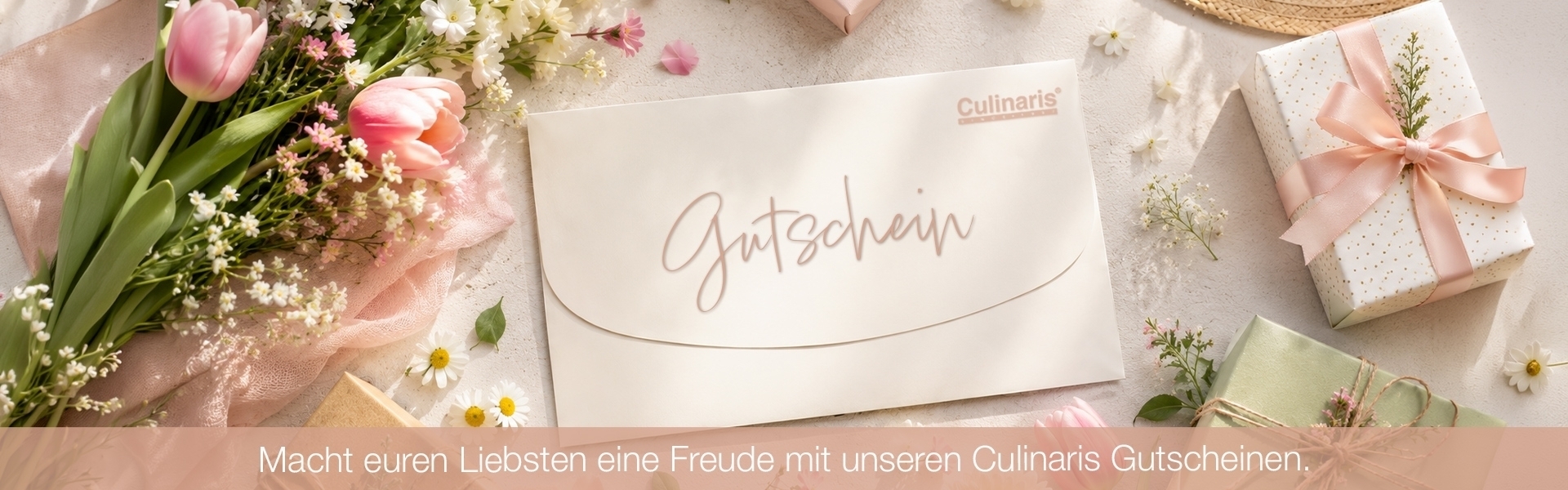 Culinaris Gutschein mit Geschenkboxen und Blumen