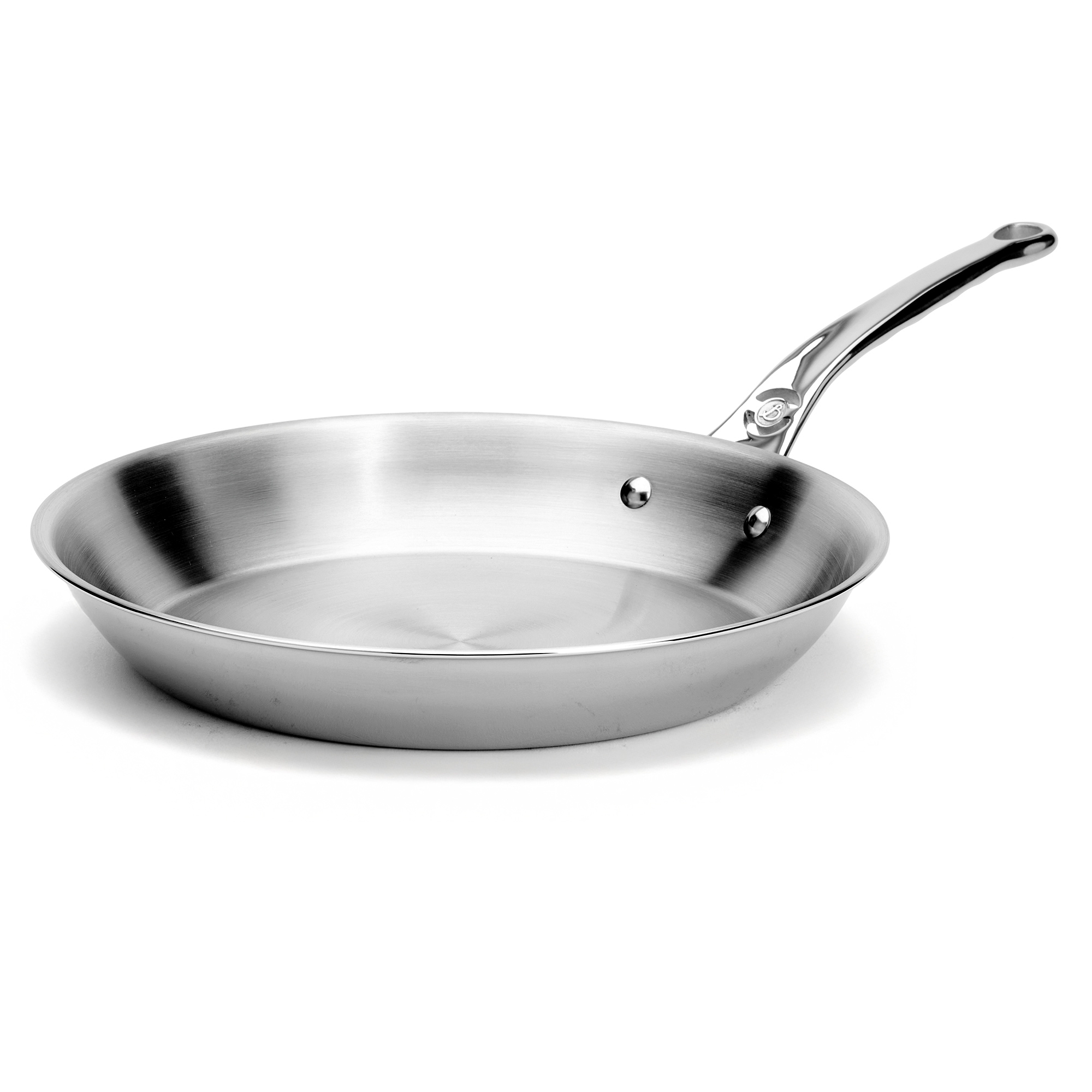 Round stainless steel frying pan with long handle