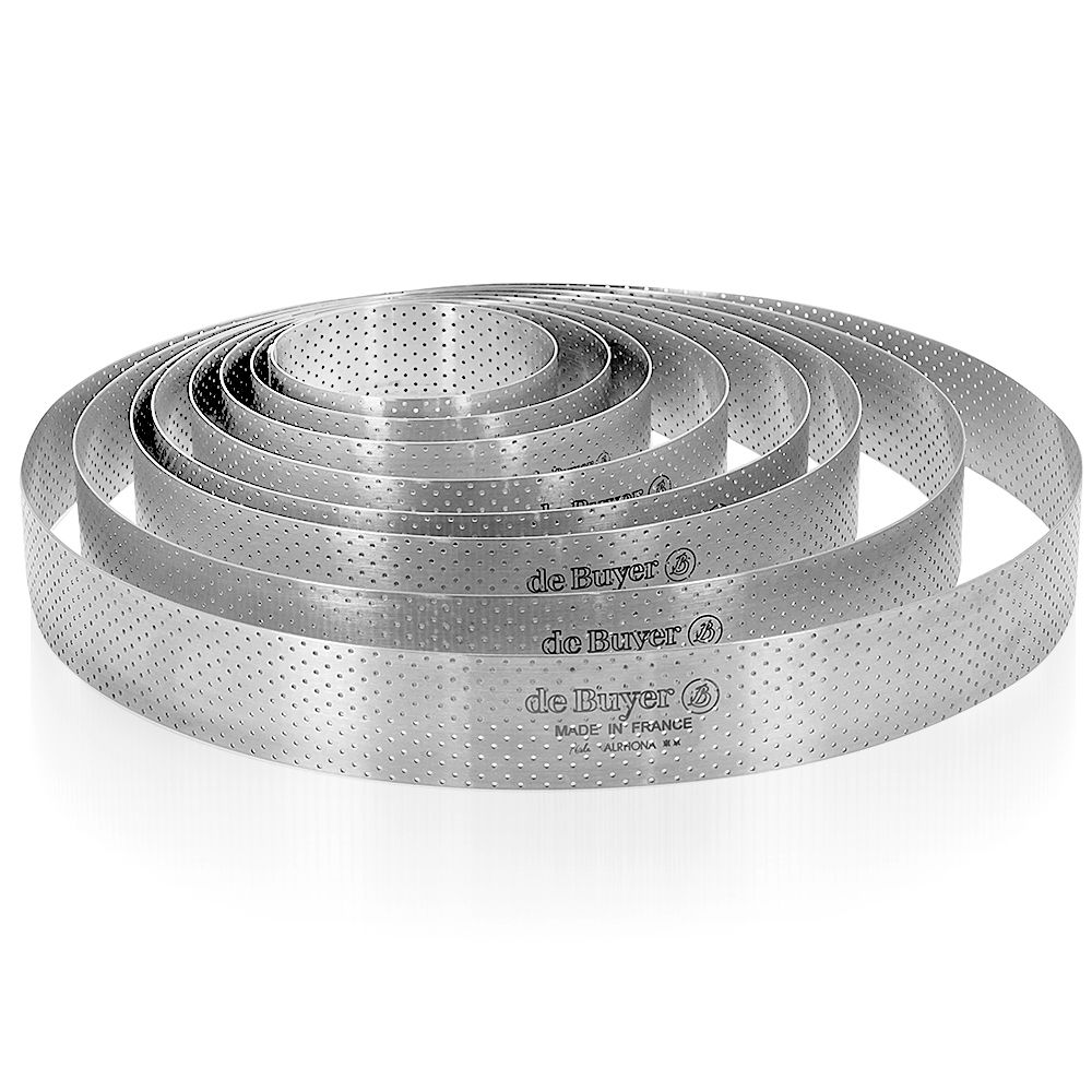 Cercle à tarte rond VALRHONA, inox perforé Ht 2 cm, acier inox, VALRHONA,  rond - ø 8,5cm - De Buyer