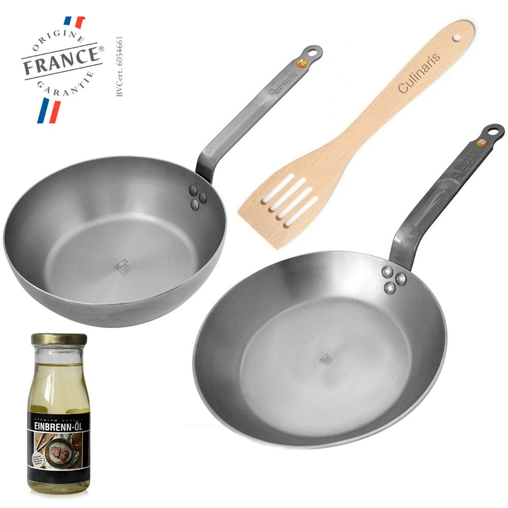 de Buyer - Country pan 24 cm + Frypan 28 cm + Turner + stoving oil de Buyer - Country pan 24 cm + Frypan 28 cm + Turner + stoving oil