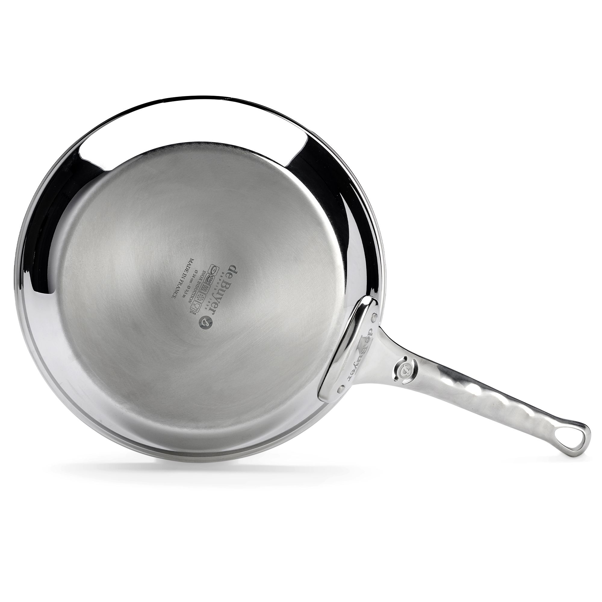 Round stainless steel frying pan with handle