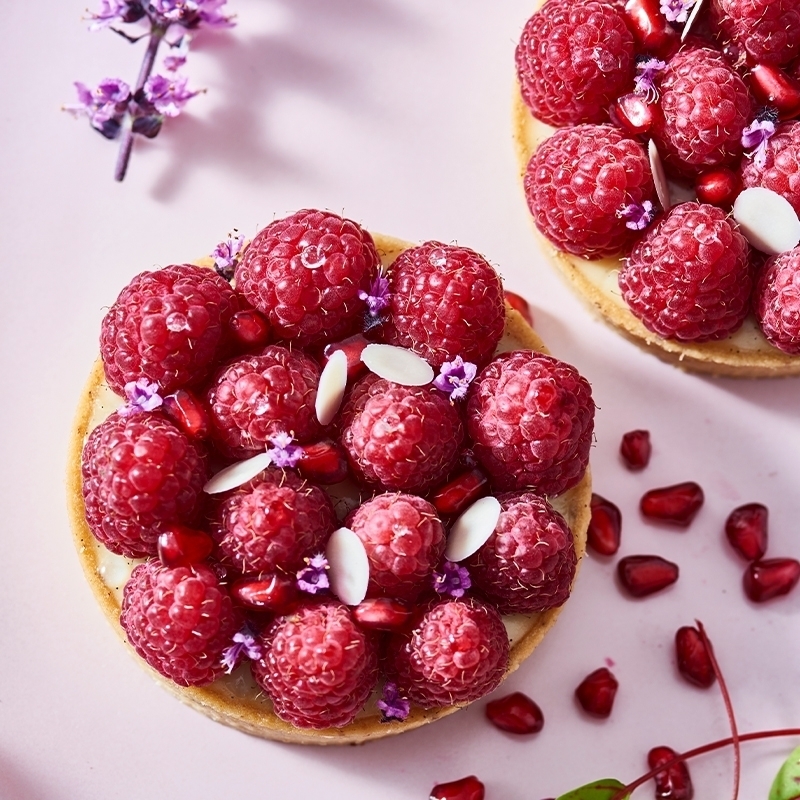 Close-up of a topped raspberry tart