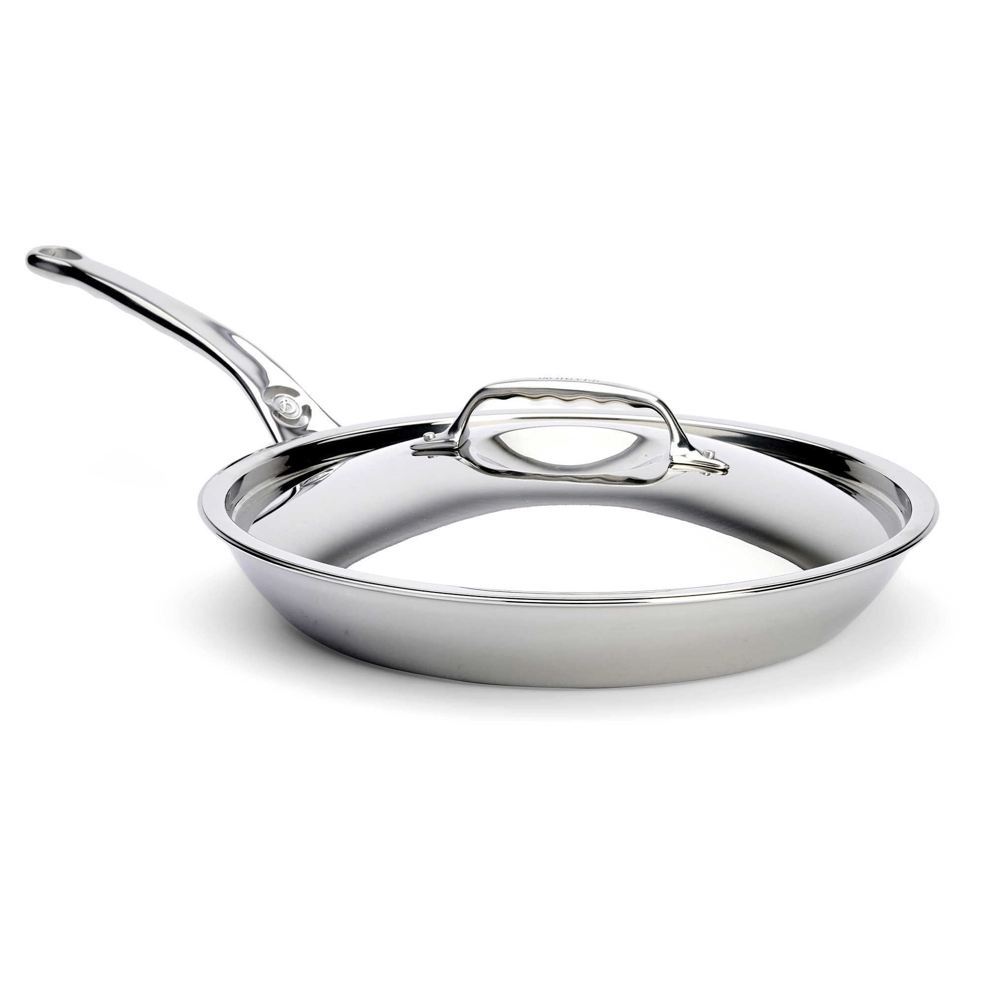 Shiny stainless steel frying pan with lid